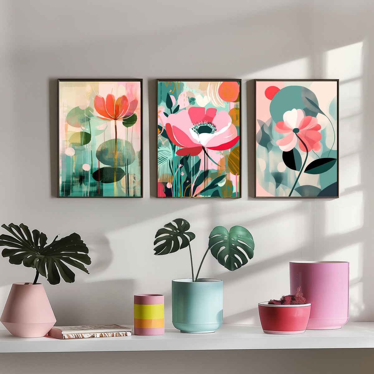 Pop Art Flowers Set of Three Art Prints - Coral, Pink and Sage Blooms - Modern Cut Out Style Poster Illustration