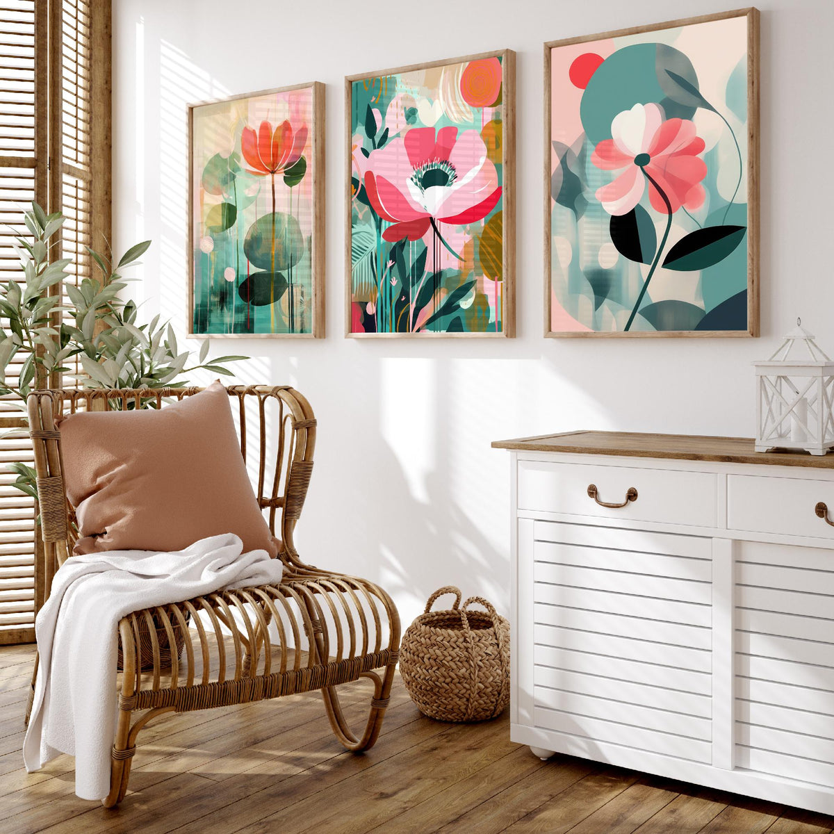 Pop Art Flowers Set of Three Art Prints - Coral, Pink and Sage Blooms - Modern Cut Out Style Poster Illustration
