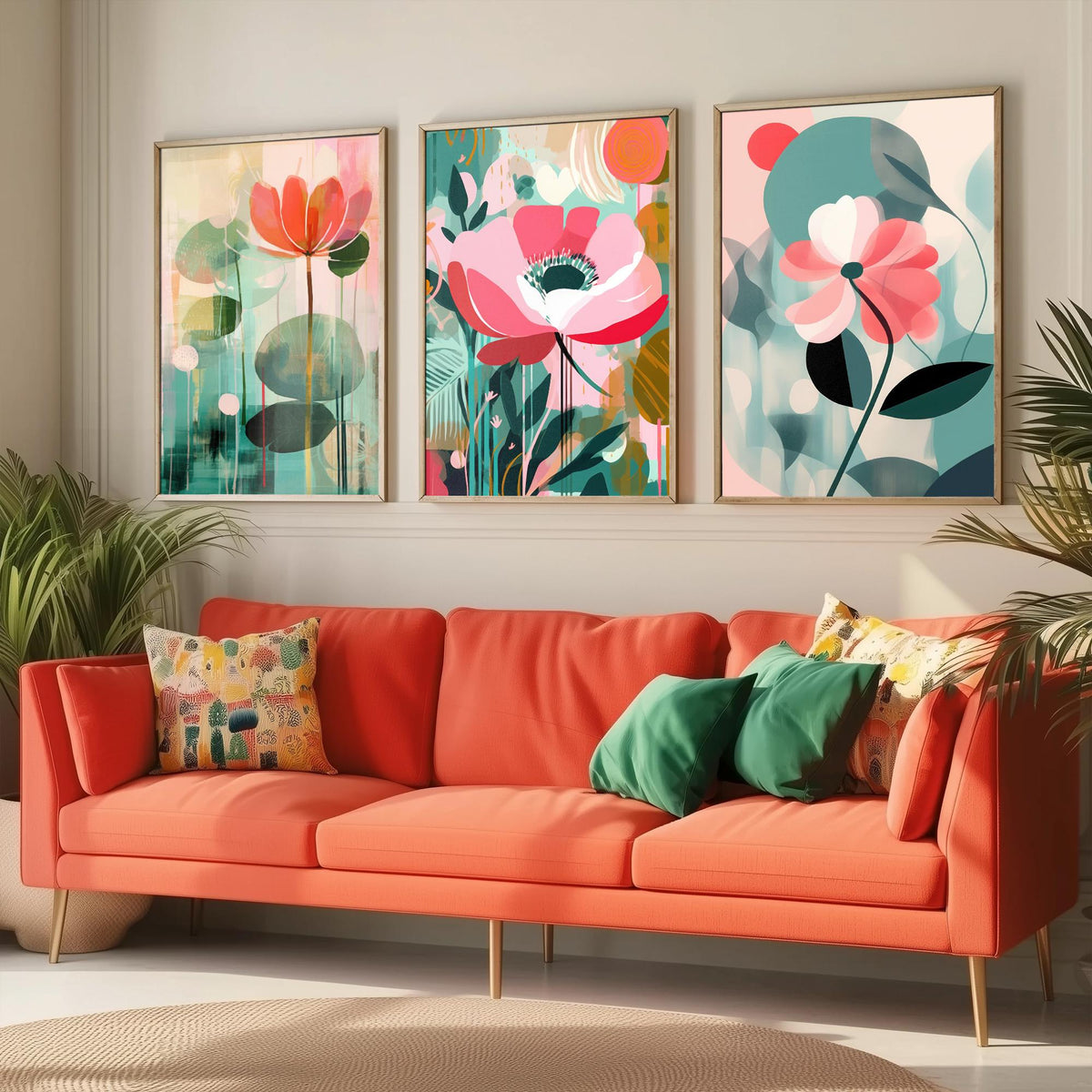 Pop Art Flowers Set of Three Art Prints - Coral, Pink and Sage Blooms - Modern Cut Out Style Poster Illustration