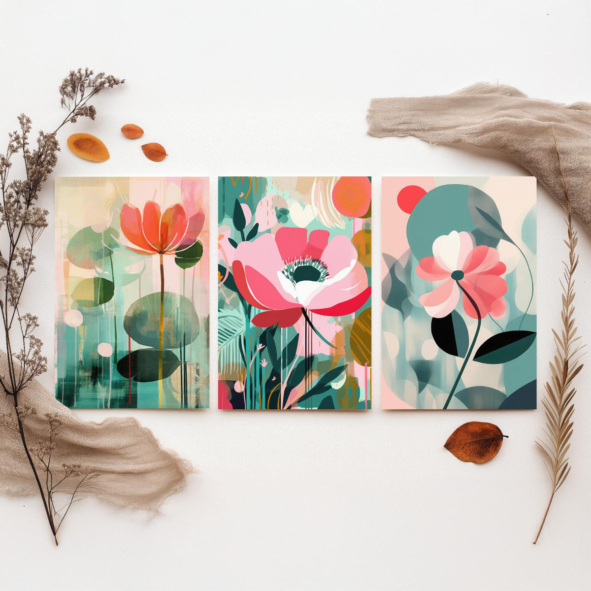 Pop Art Flowers Set of Three Art Prints - Coral, Pink and Sage Blooms - Modern Cut Out Style Poster Illustration