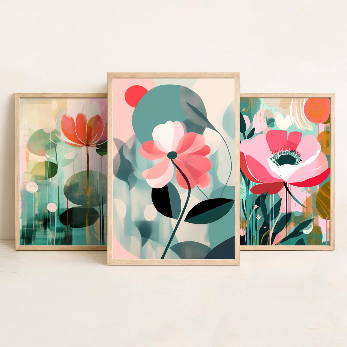 Pop Art Flowers Set of Three Art Prints - Coral, Pink and Sage Blooms - Modern Cut Out Style Poster Illustration