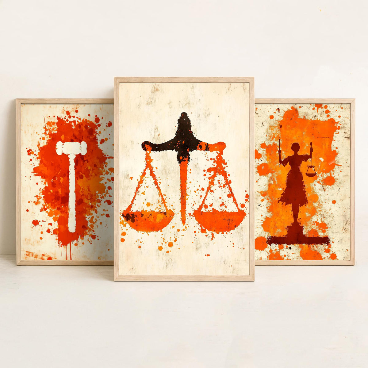 Set of Three Lady Justice Art Prints - 3 Gavel Scales Law Posters - Orange Grunge Wall Art Gift Illustration Lawyer Attorney Office Decor