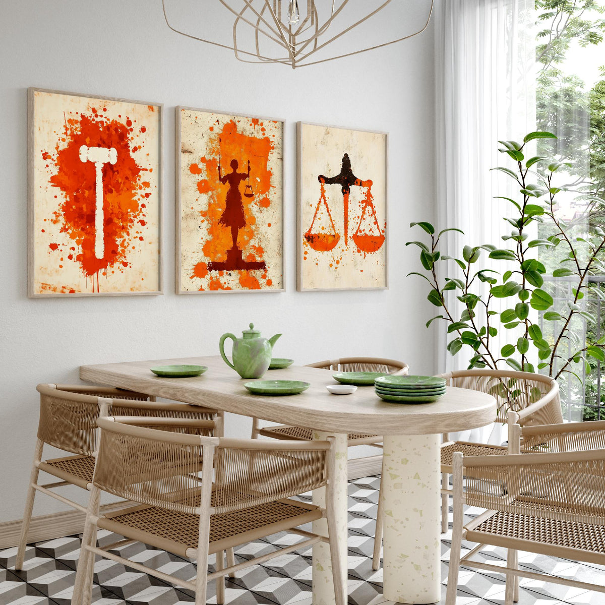 Set of Three Lady Justice Art Prints - 3 Gavel Scales Law Posters - Orange Grunge Wall Art Gift Illustration Lawyer Attorney Office Decor
