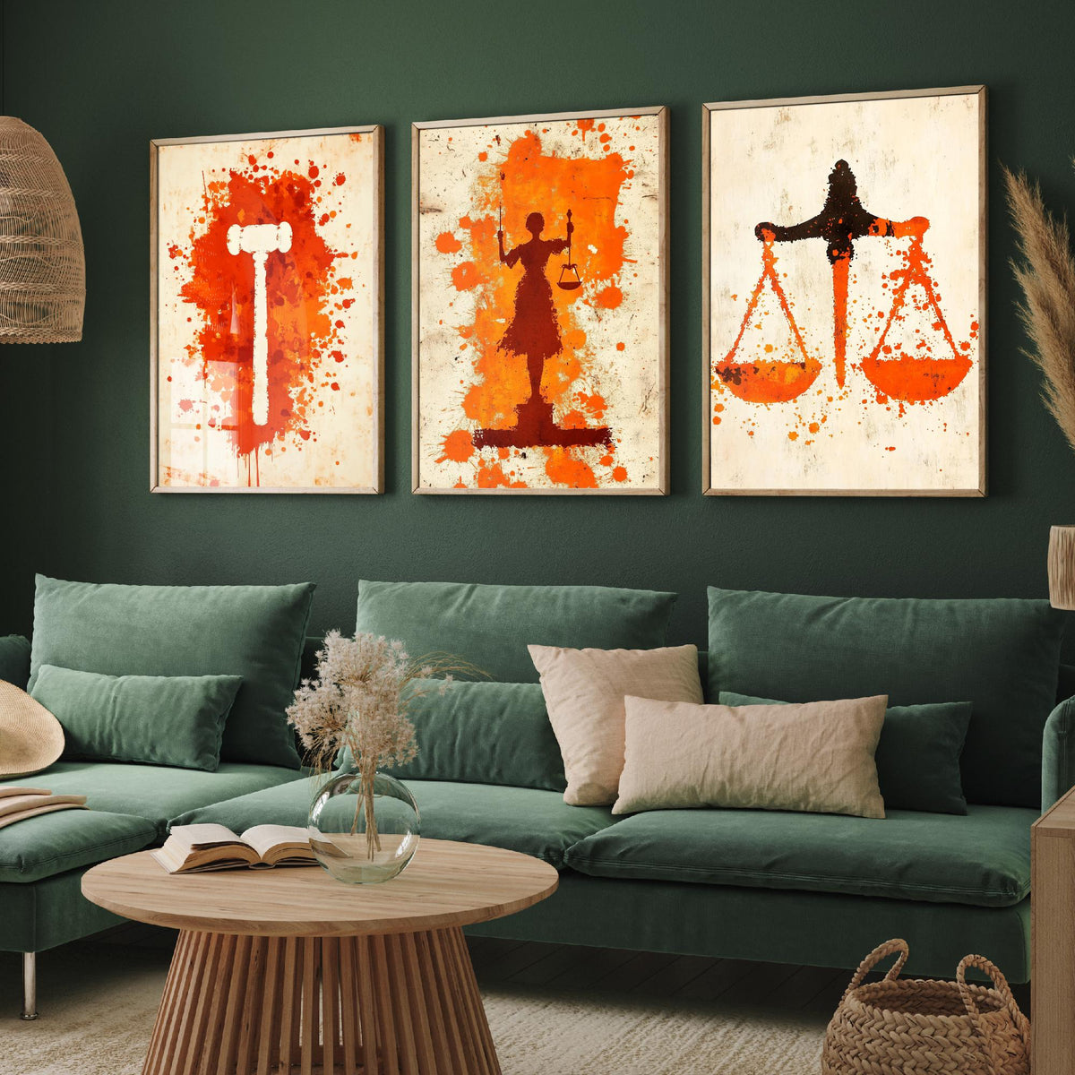 Set of Three Lady Justice Art Prints - 3 Gavel Scales Law Posters - Orange Grunge Wall Art Gift Illustration Lawyer Attorney Office Decor