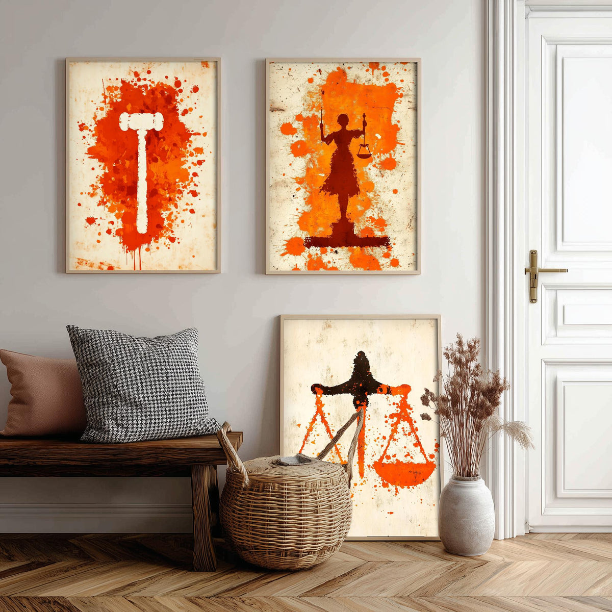 Set of Three Lady Justice Art Prints - 3 Gavel Scales Law Posters - Orange Grunge Wall Art Gift Illustration Lawyer Attorney Office Decor
