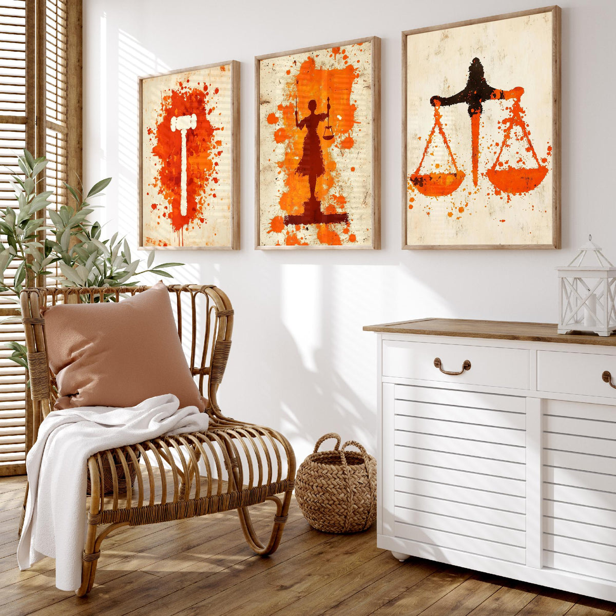 Set of Three Lady Justice Art Prints - 3 Gavel Scales Law Posters - Orange Grunge Wall Art Gift Illustration Lawyer Attorney Office Decor