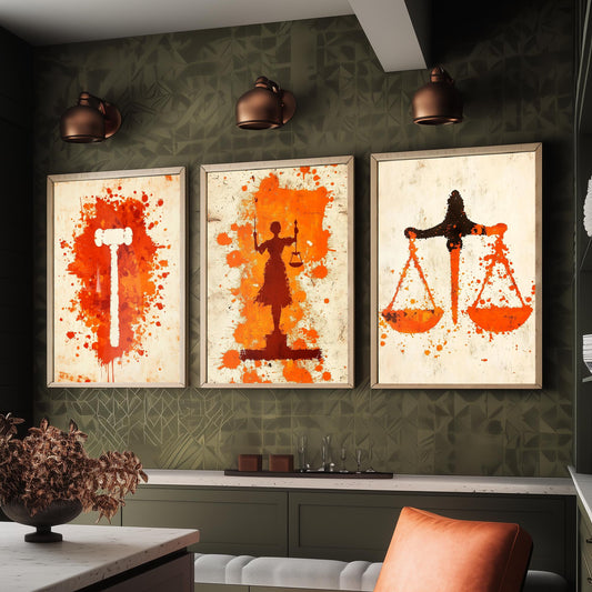 Set of Three Lady Justice Art Prints - 3 Gavel Scales Law Posters - Orange Grunge Wall Art Gift Illustration Lawyer Attorney Office Decor