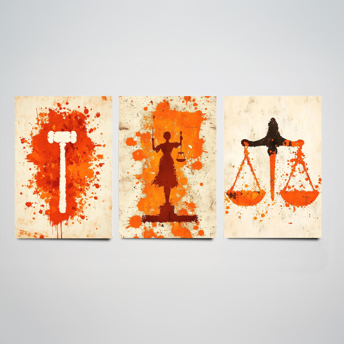 Set of Three Lady Justice Art Prints - 3 Gavel Scales Law Posters - Orange Grunge Wall Art Gift Illustration Lawyer Attorney Office Decor