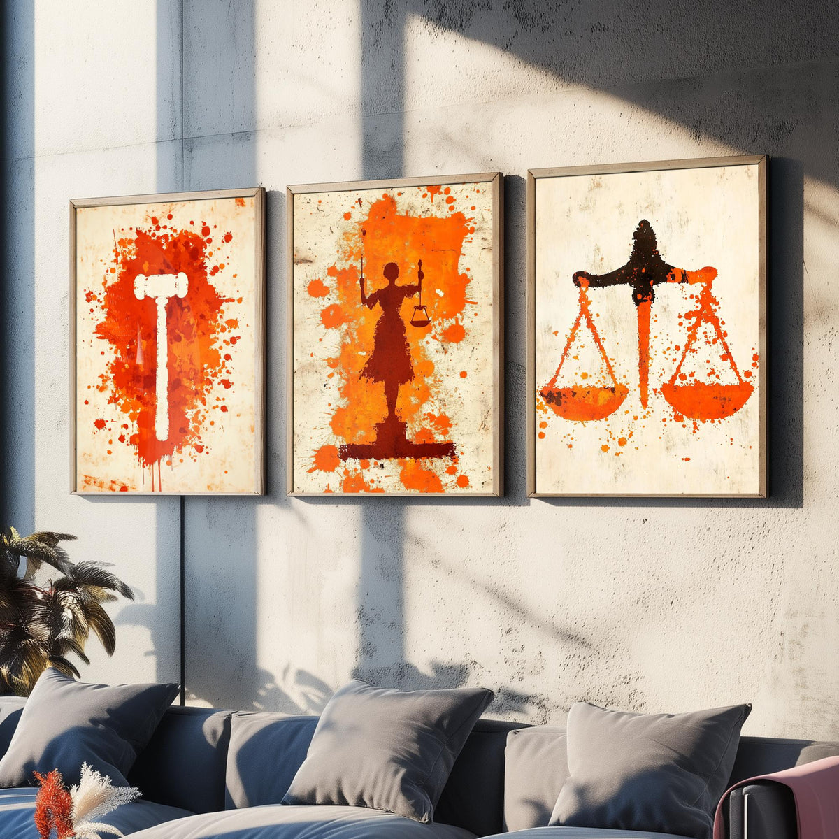 Set of Three Lady Justice Art Prints - 3 Gavel Scales Law Posters - Orange Grunge Wall Art Gift Illustration Lawyer Attorney Office Decor