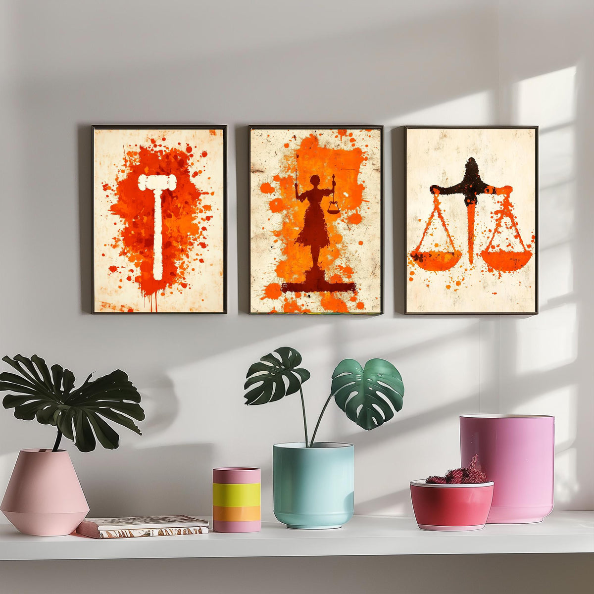 Set of Three Lady Justice Art Prints - 3 Gavel Scales Law Posters - Orange Grunge Wall Art Gift Illustration Lawyer Attorney Office Decor