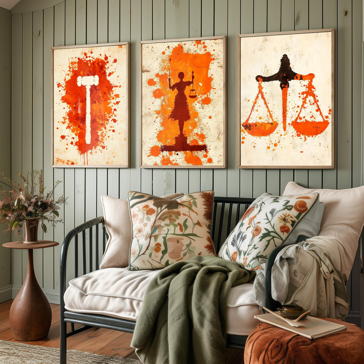 Set of Three Lady Justice Art Prints - 3 Gavel Scales Law Posters - Orange Grunge Wall Art Gift Illustration Lawyer Attorney Office Decor