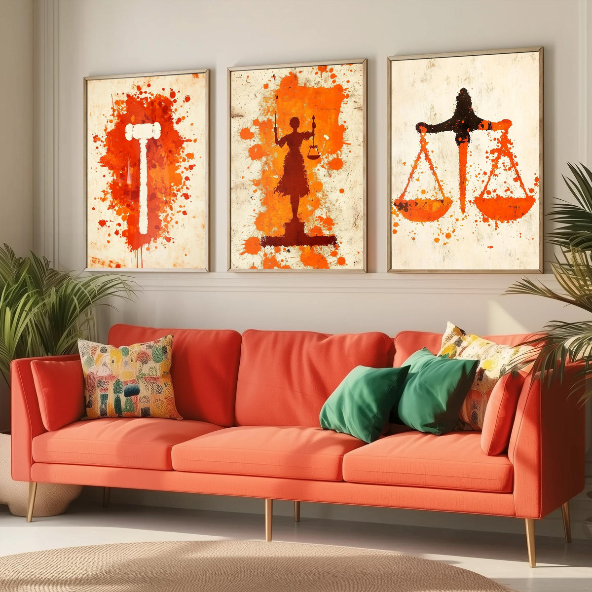 Set of Three Lady Justice Art Prints - 3 Gavel Scales Law Posters - Orange Grunge Wall Art Gift Illustration Lawyer Attorney Office Decor