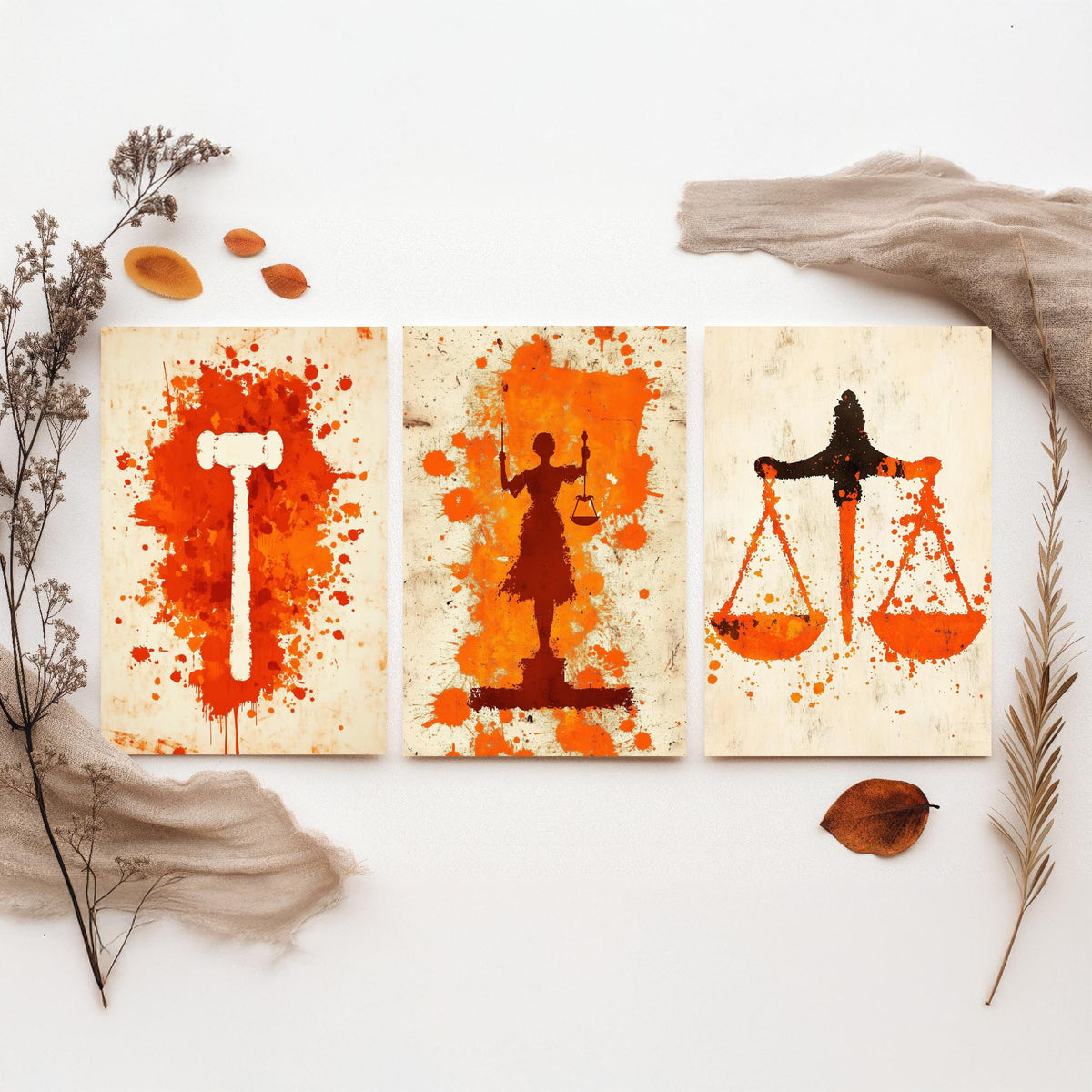 Set of Three Lady Justice Art Prints - 3 Gavel Scales Law Posters - Orange Grunge Wall Art Gift Illustration Lawyer Attorney Office Decor