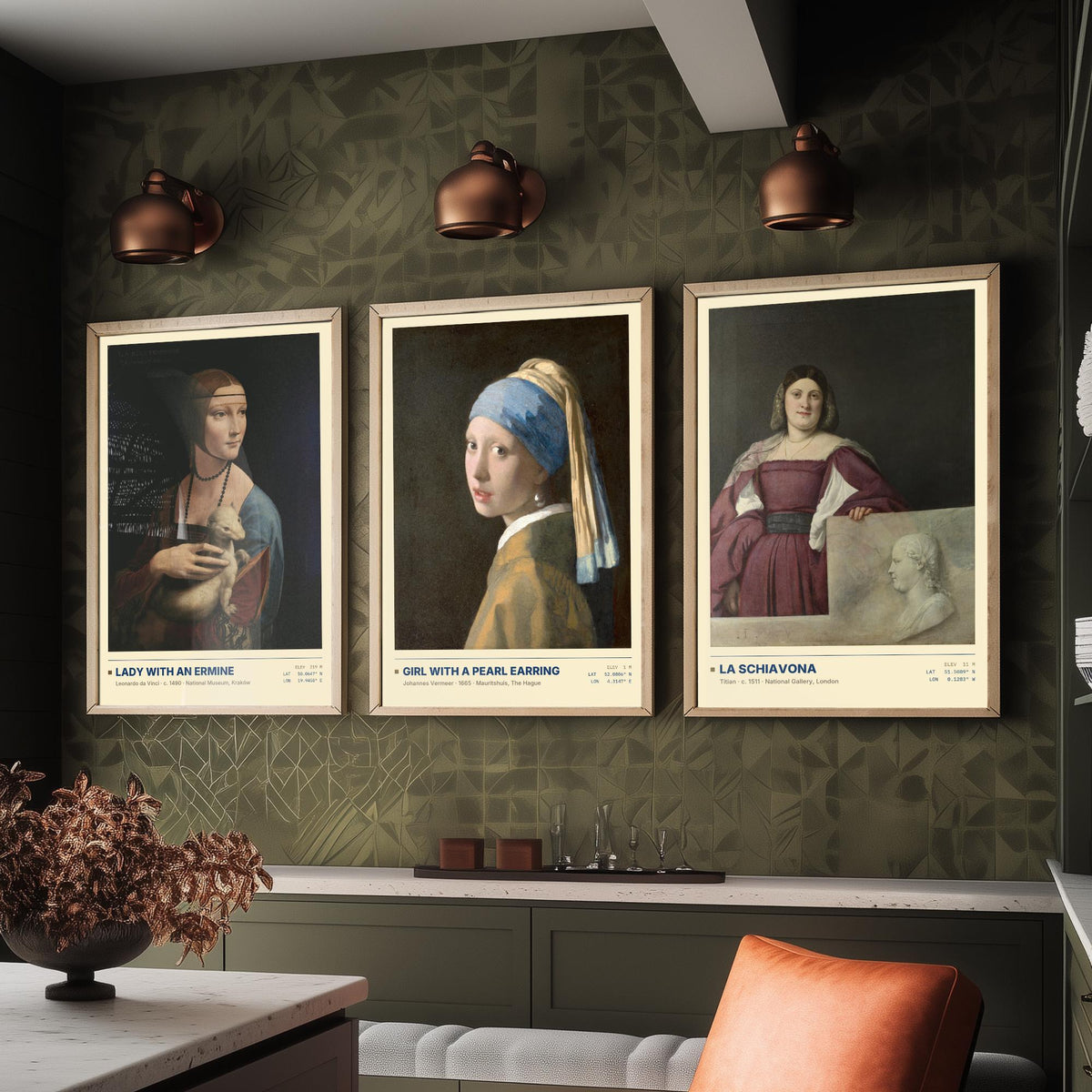 Lady with an Ermine Set of Three Art Prints - Girl with a Pearl Earring, La Schiavona - Leonardo Vermeer Titian Painting Posters