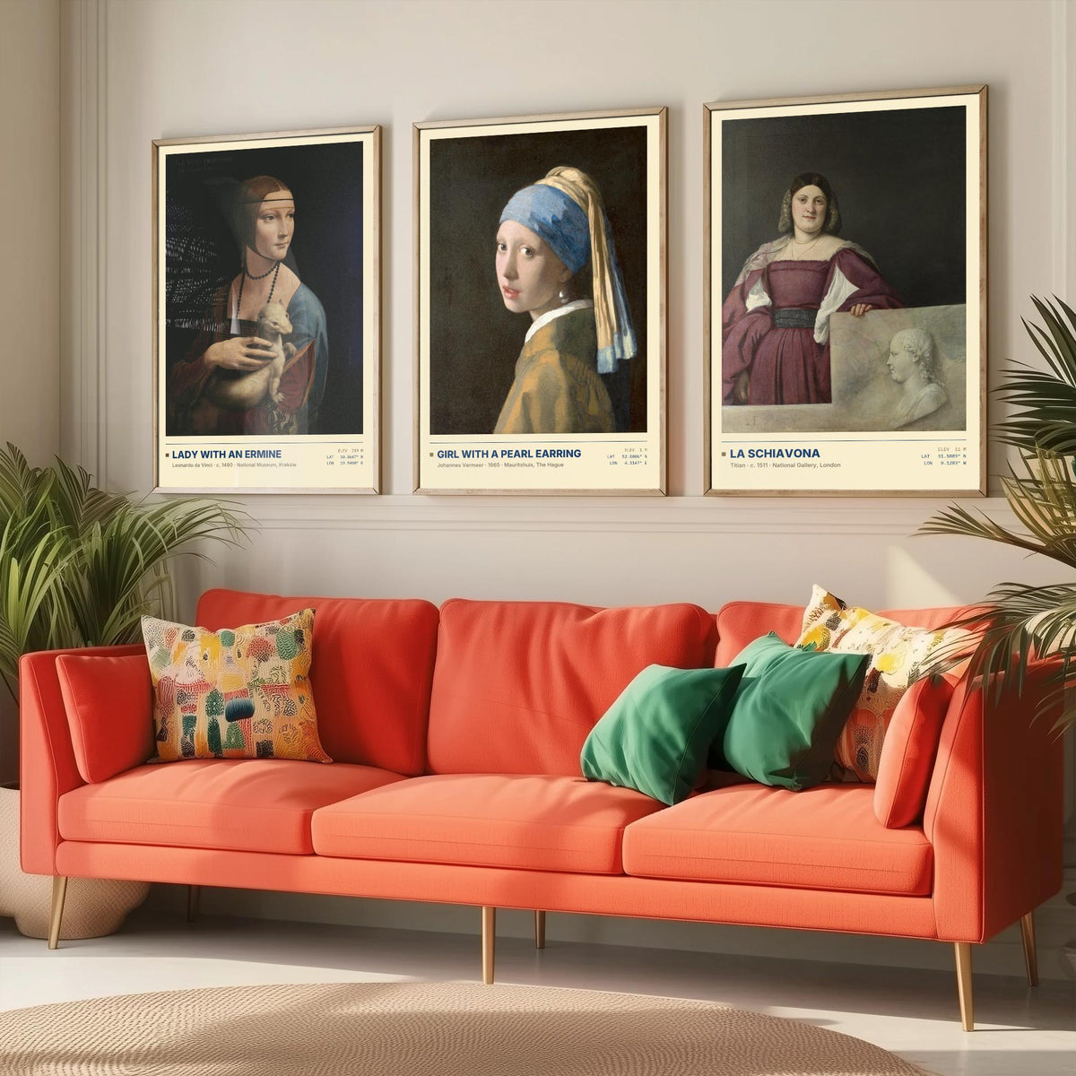 Lady with an Ermine Set of Three Art Prints - Girl with a Pearl Earring, La Schiavona - Leonardo Vermeer Titian Painting Posters