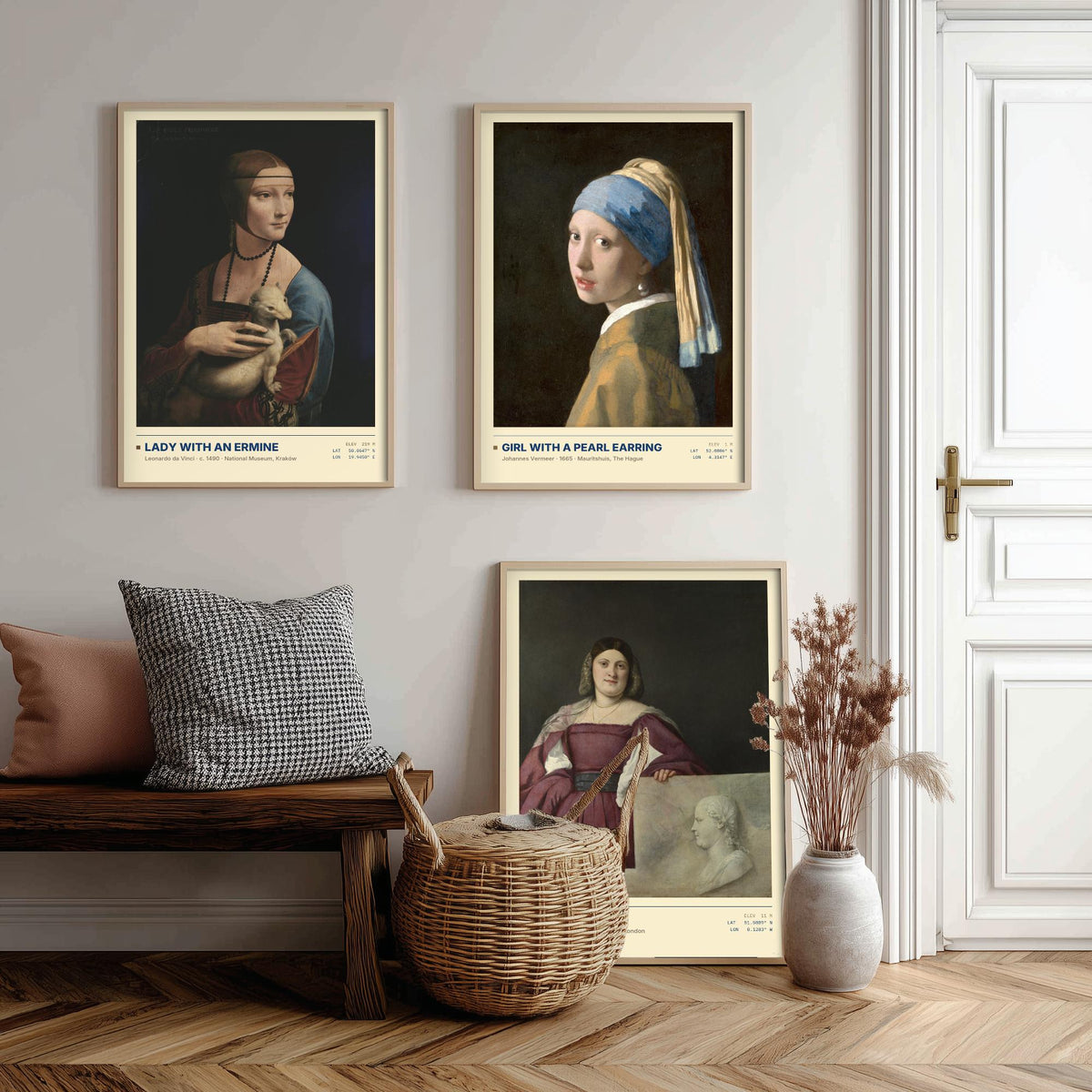 Lady with an Ermine Set of Three Art Prints - Girl with a Pearl Earring, La Schiavona - Leonardo Vermeer Titian Painting Posters