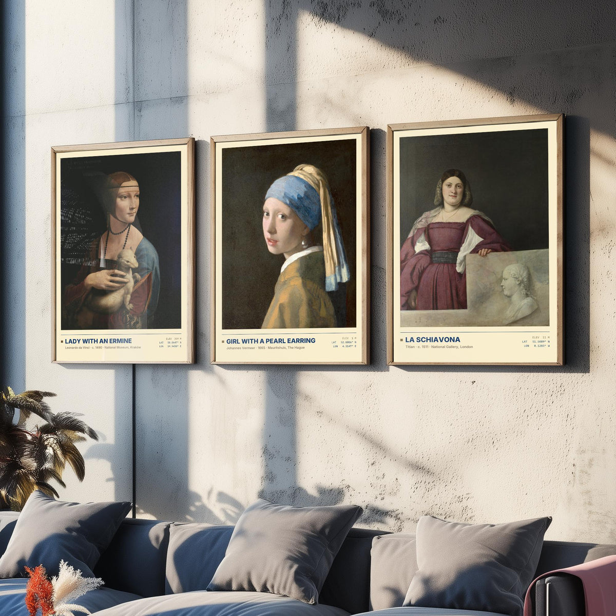 Lady with an Ermine Set of Three Art Prints - Girl with a Pearl Earring, La Schiavona - Leonardo Vermeer Titian Painting Posters