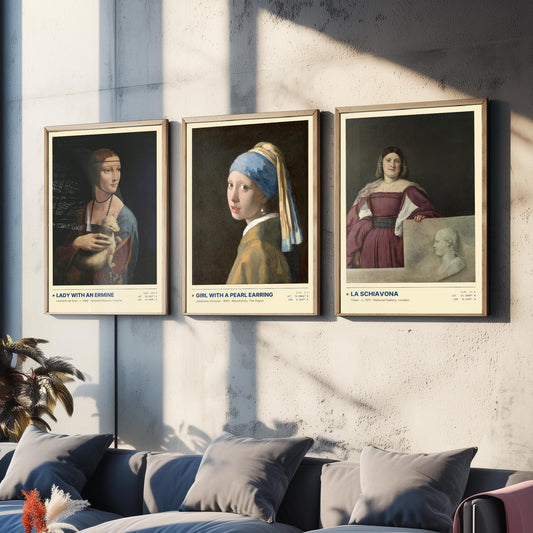 Lady with an Ermine Set of Three Art Prints - Girl with a Pearl Earring, La Schiavona - Leonardo Vermeer Titian Painting Posters
