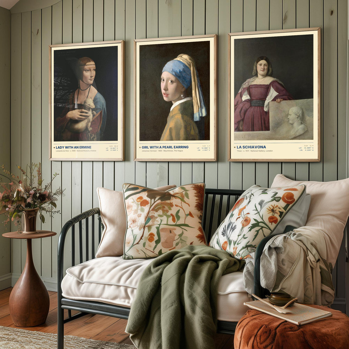 Lady with an Ermine Set of Three Art Prints - Girl with a Pearl Earring, La Schiavona - Leonardo Vermeer Titian Painting Posters