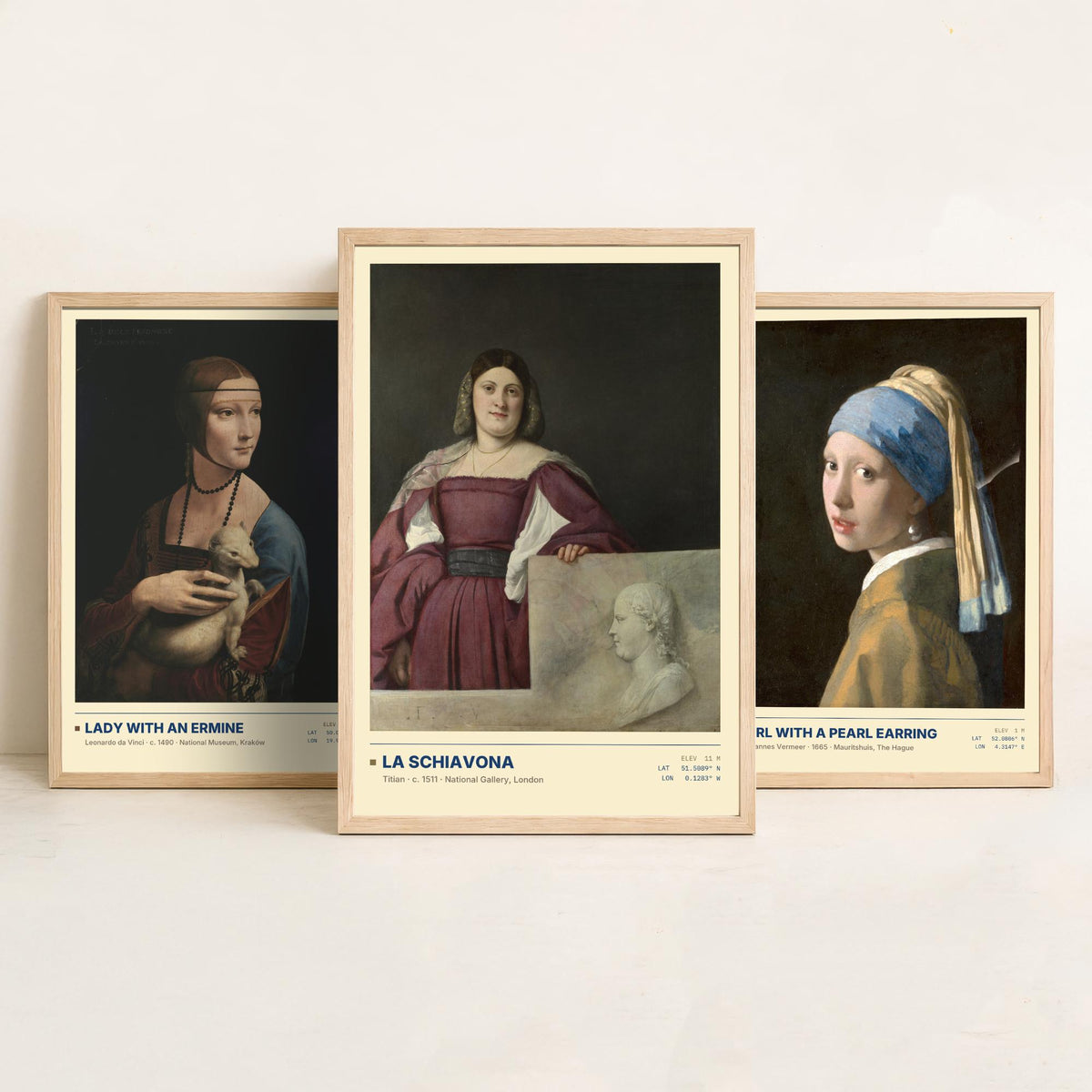 Lady with an Ermine Set of Three Art Prints - Girl with a Pearl Earring, La Schiavona - Leonardo Vermeer Titian Painting Posters