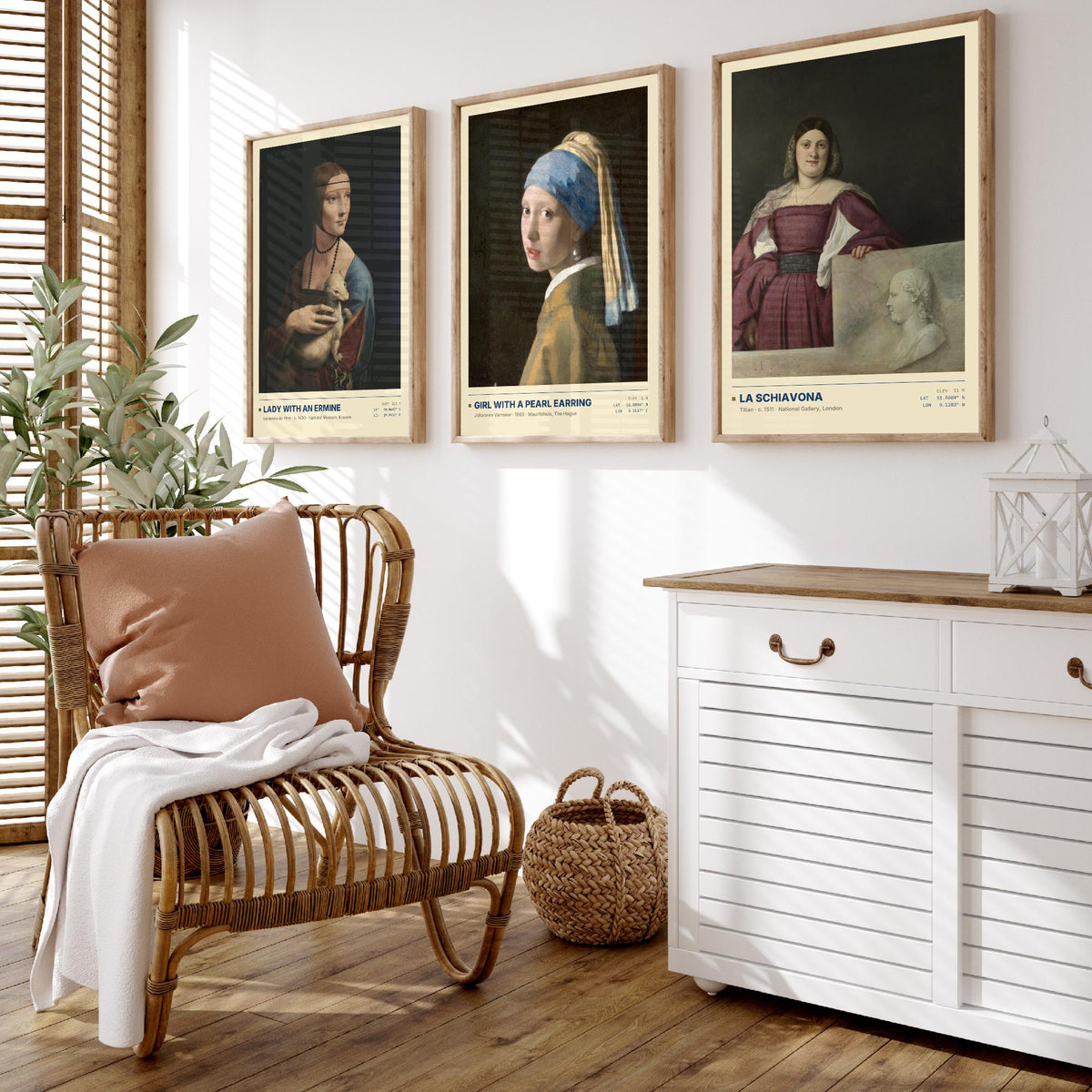 Lady with an Ermine Set of Three Art Prints - Girl with a Pearl Earring, La Schiavona - Leonardo Vermeer Titian Painting Posters