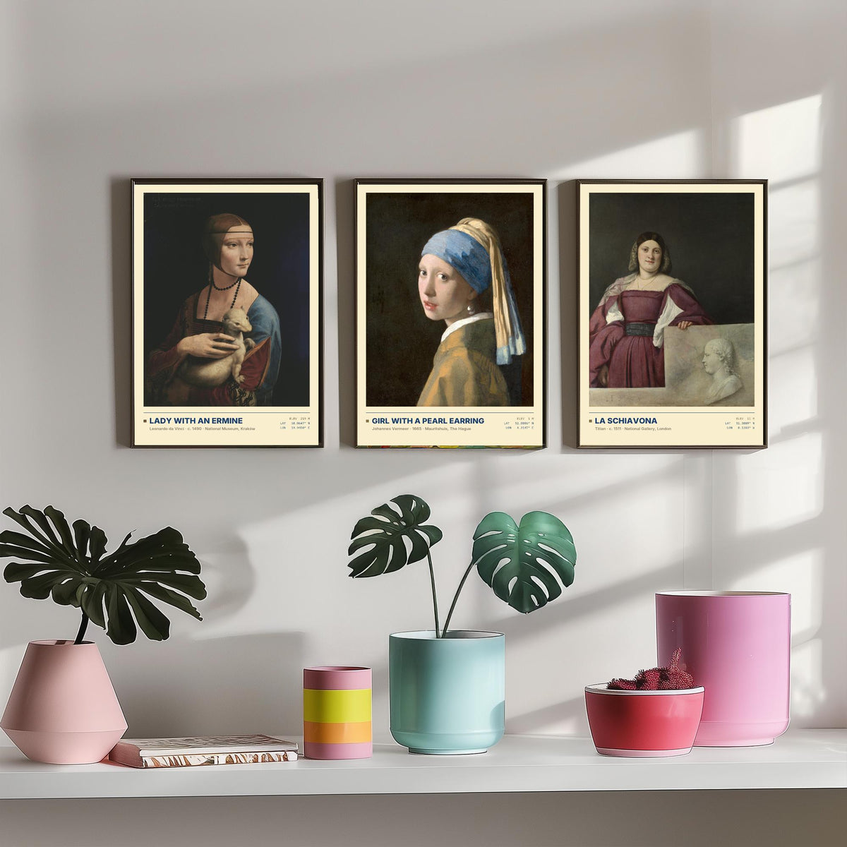 Lady with an Ermine Set of Three Art Prints - Girl with a Pearl Earring, La Schiavona - Leonardo Vermeer Titian Painting Posters