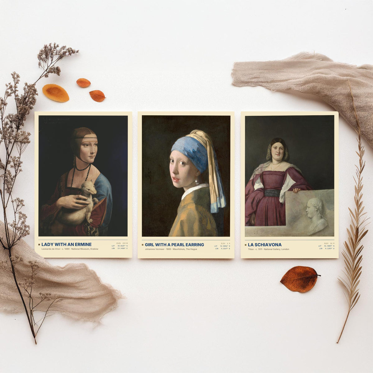 Lady with an Ermine Set of Three Art Prints - Girl with a Pearl Earring, La Schiavona - Leonardo Vermeer Titian Painting Posters