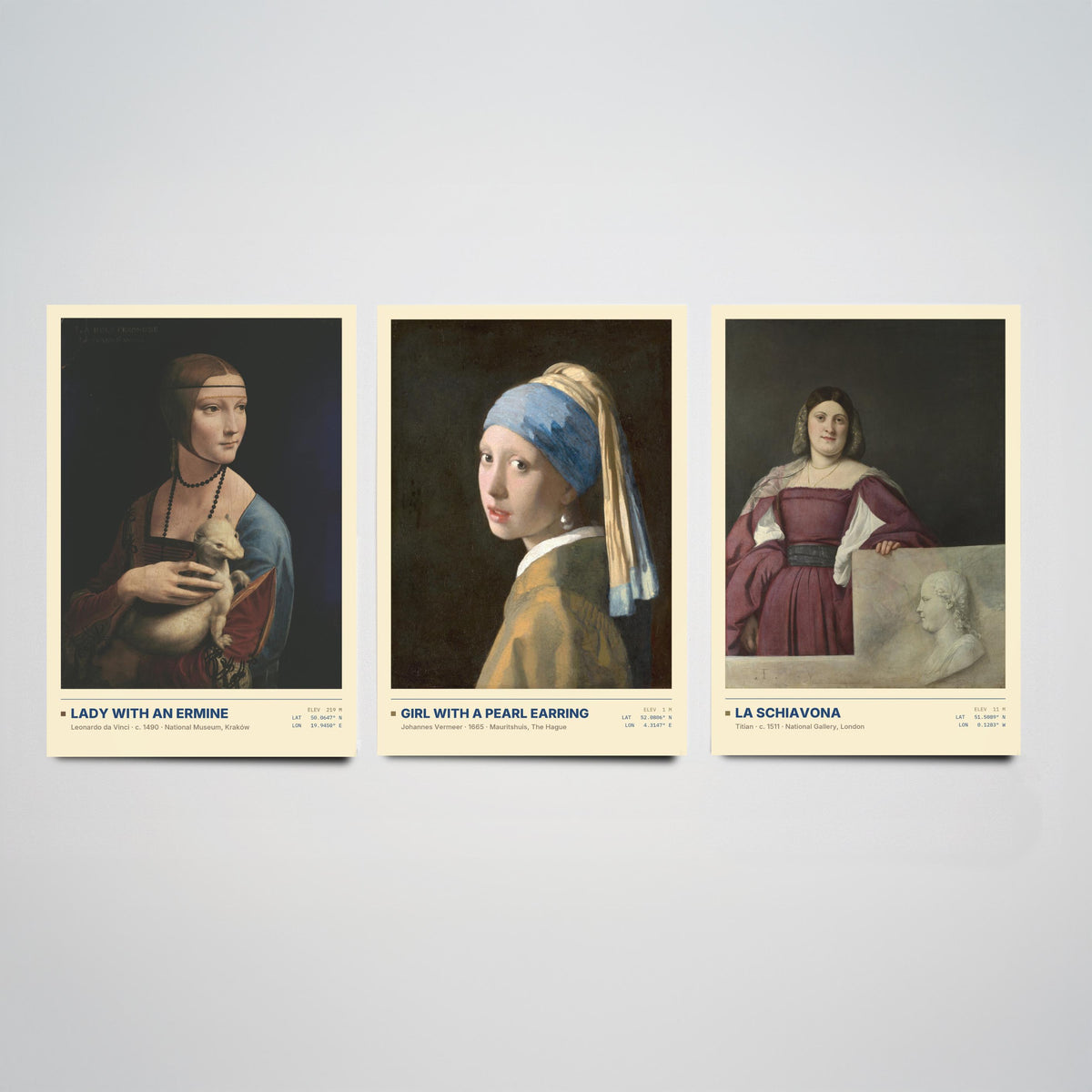 Lady with an Ermine Set of Three Art Prints - Girl with a Pearl Earring, La Schiavona - Leonardo Vermeer Titian Painting Posters