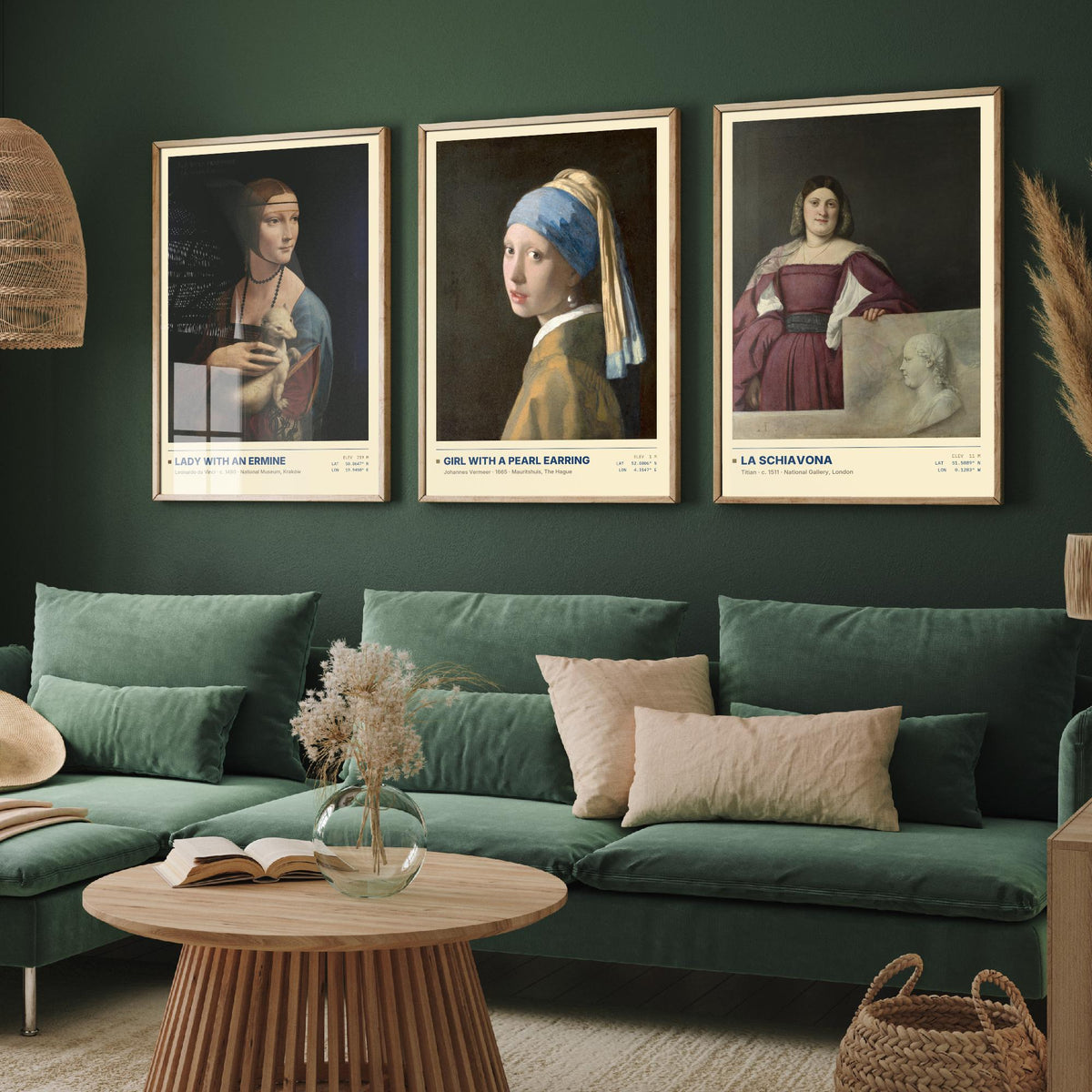 Lady with an Ermine Set of Three Art Prints - Girl with a Pearl Earring, La Schiavona - Leonardo Vermeer Titian Painting Posters