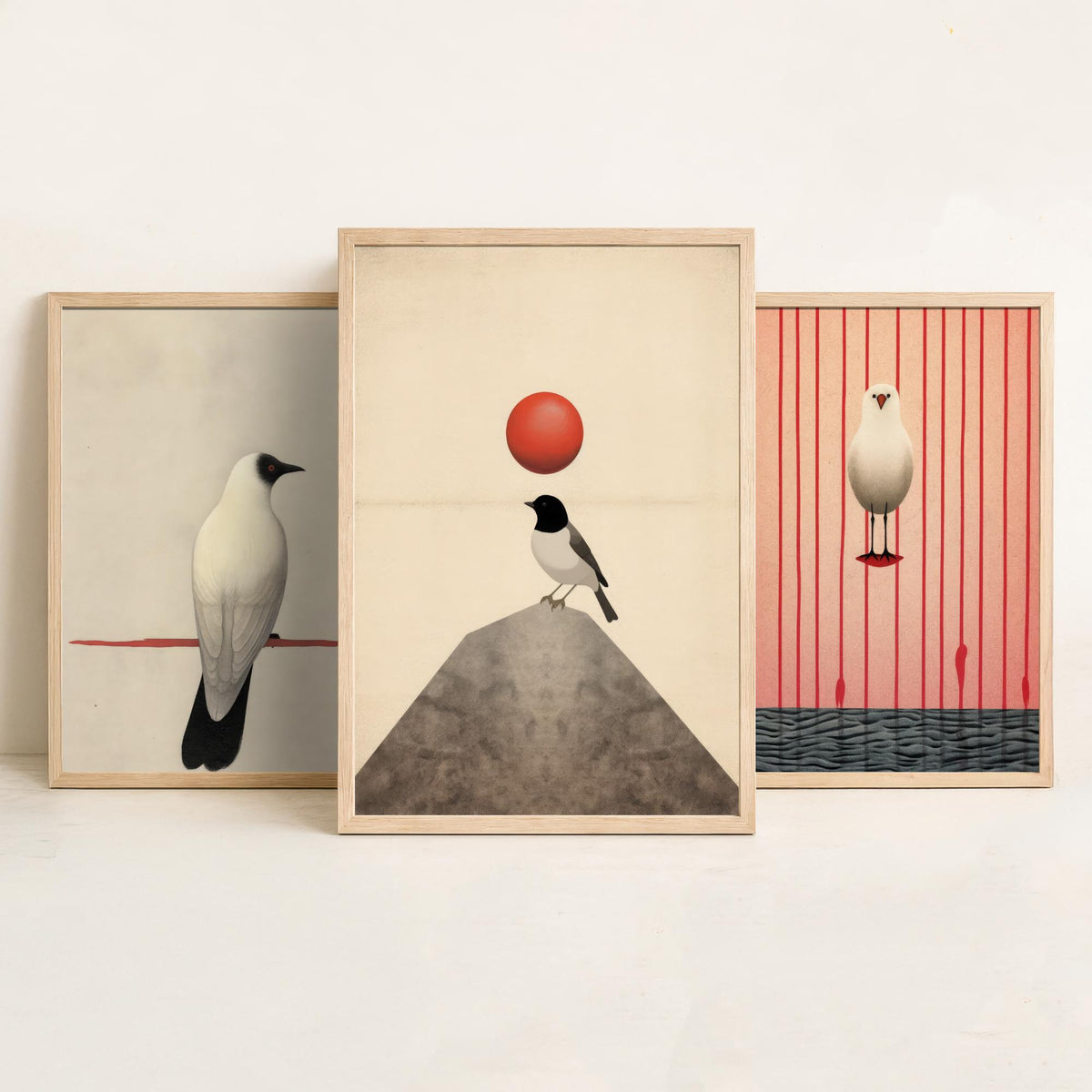 Minimalist Birds Set of Three Art Prints - White Birds with Red Accents - Japanese Style Sepia Poster Illustration