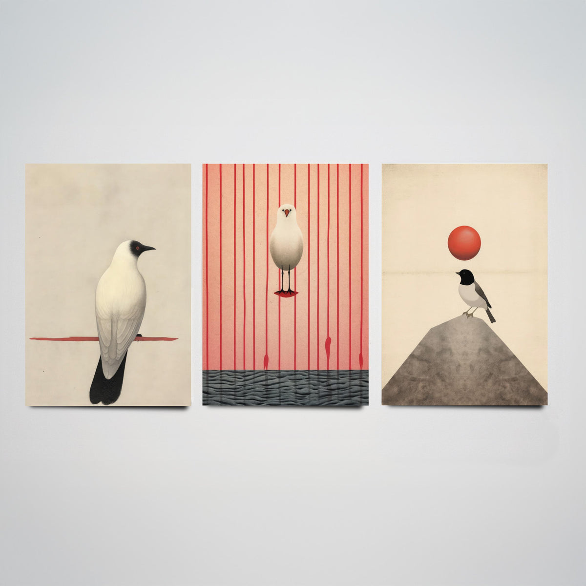 Minimalist Birds Set of Three Art Prints - White Birds with Red Accents - Japanese Style Sepia Poster Illustration