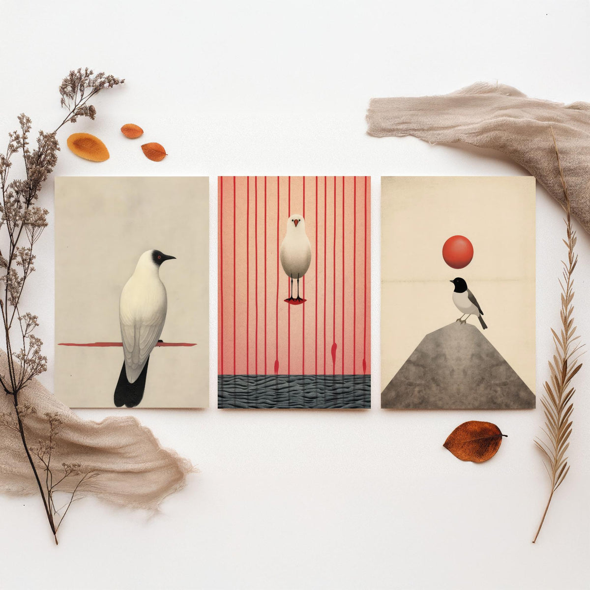 Minimalist Birds Set of Three Art Prints - White Birds with Red Accents - Japanese Style Sepia Poster Illustration