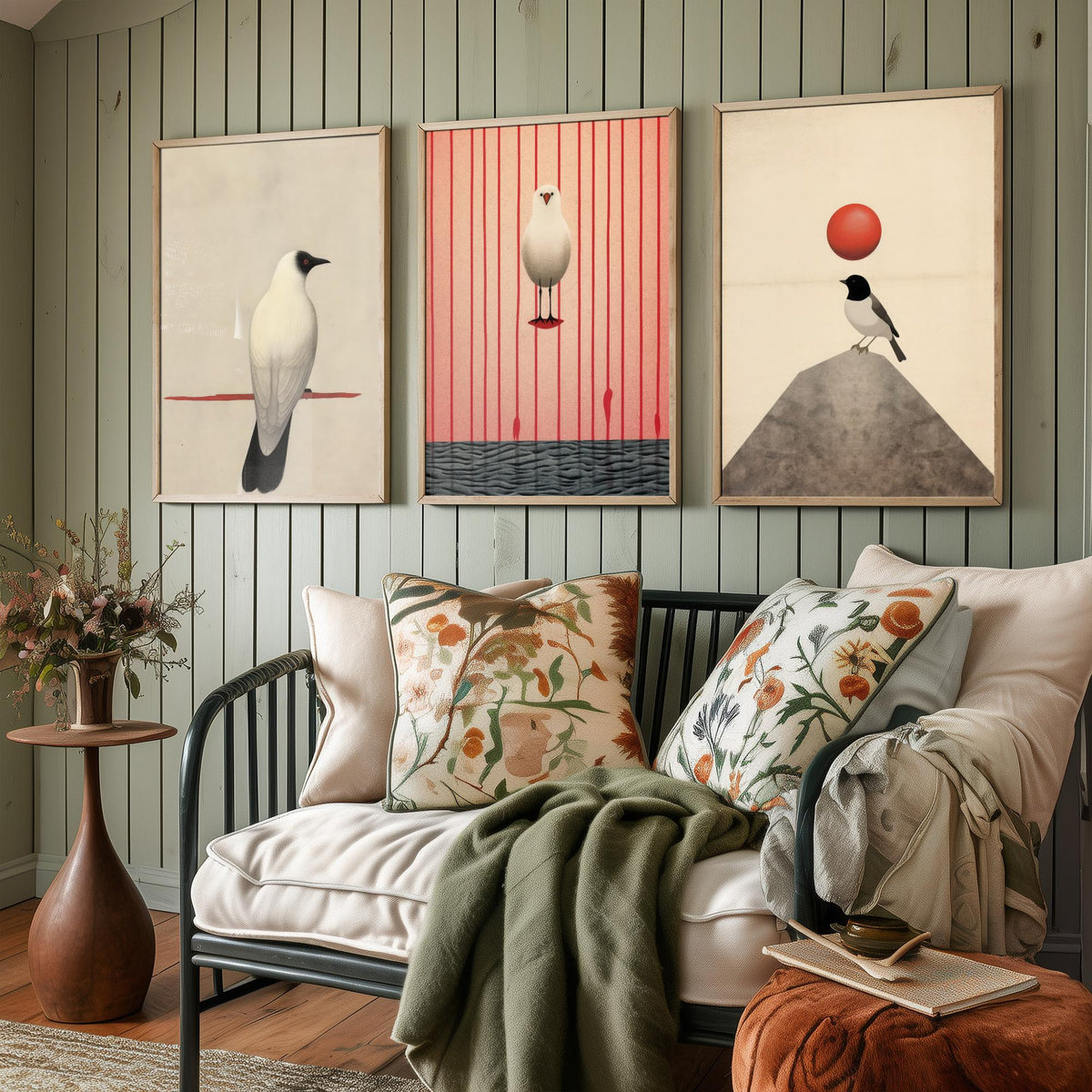 Minimalist Birds Set of Three Art Prints - White Birds with Red Accents - Japanese Style Sepia Poster Illustration