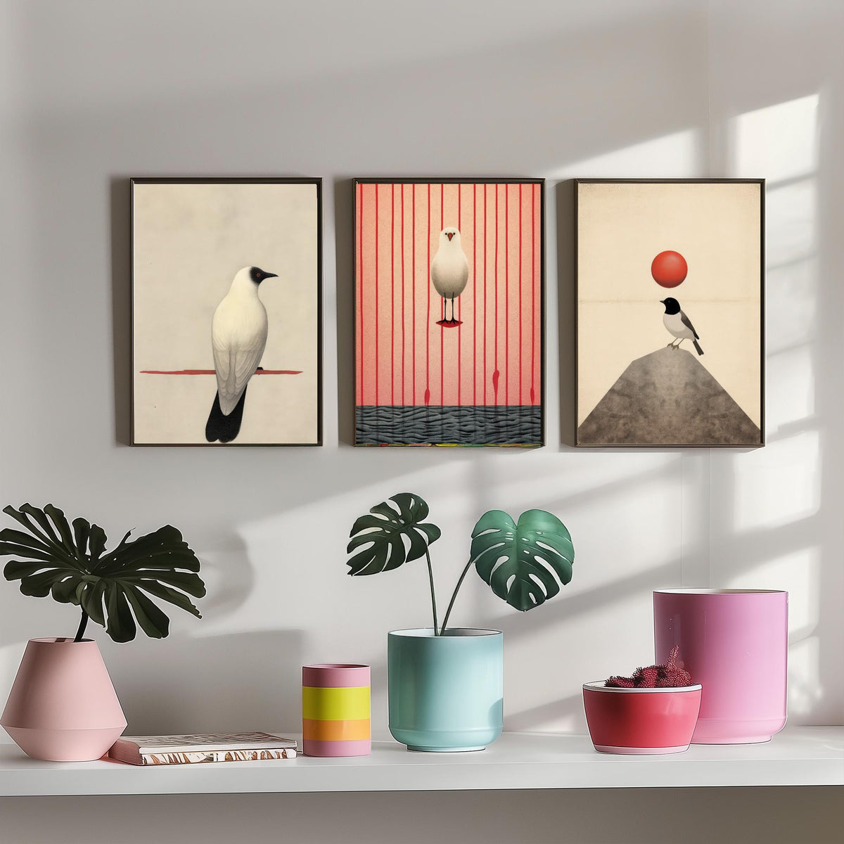 Minimalist Birds Set of Three Art Prints - White Birds with Red Accents - Japanese Style Sepia Poster Illustration