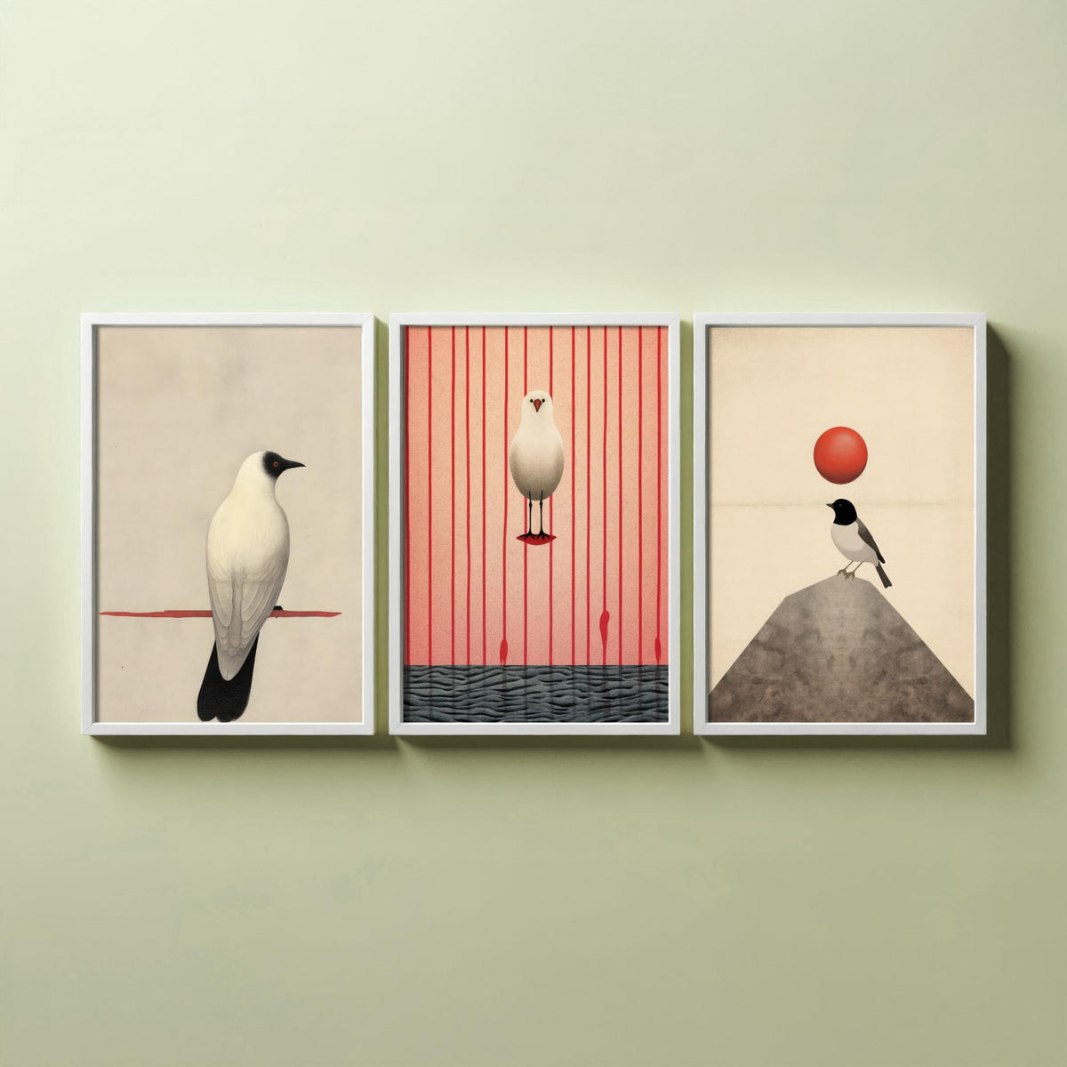 Minimalist Birds Set of Three Art Prints - White Birds with Red Accents - Japanese Style Sepia Poster Illustration