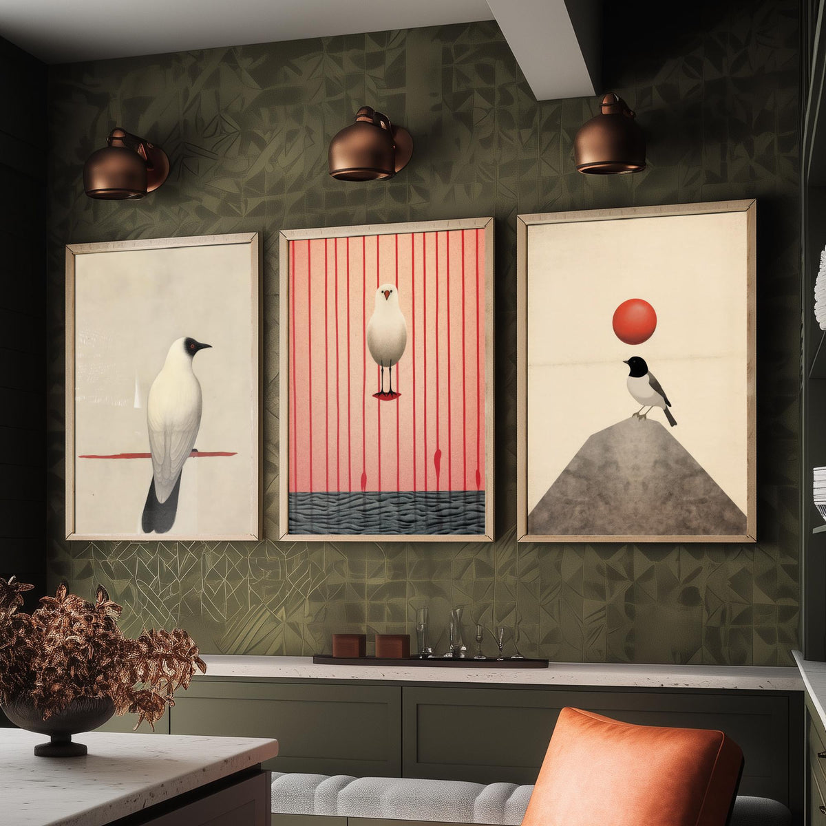 Minimalist Birds Set of Three Art Prints - White Birds with Red Accents - Japanese Style Sepia Poster Illustration