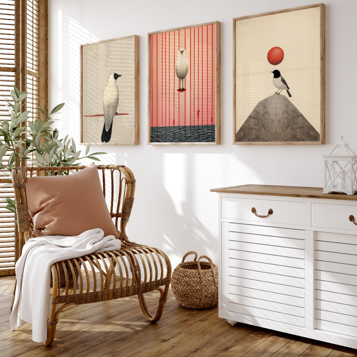 Minimalist Birds Set of Three Art Prints - White Birds with Red Accents - Japanese Style Sepia Poster Illustration