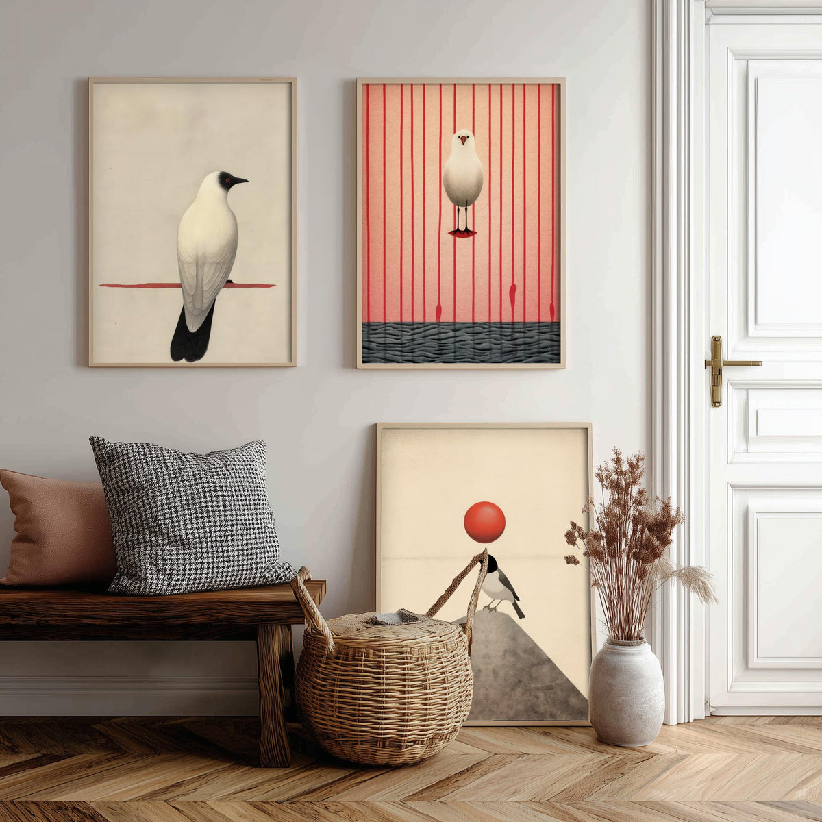 Minimalist Birds Set of Three Art Prints - White Birds with Red Accents - Japanese Style Sepia Poster Illustration