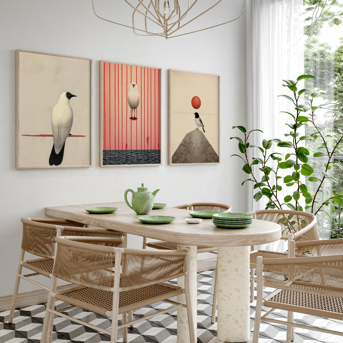 Minimalist Birds Set of Three Art Prints - White Birds with Red Accents - Japanese Style Sepia Poster Illustration
