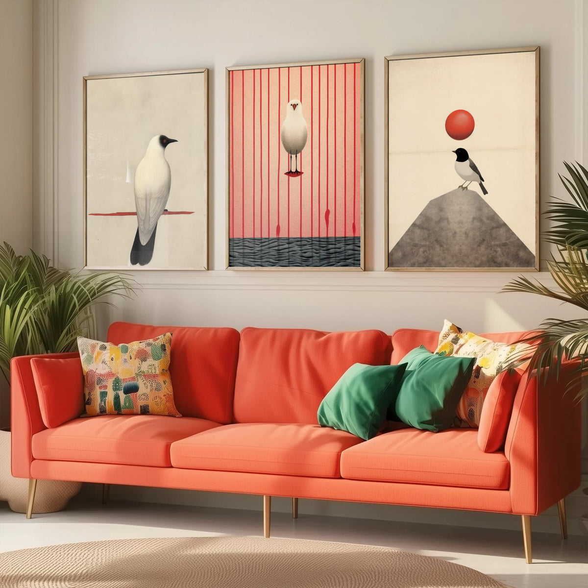 Minimalist Birds Set of Three Art Prints - White Birds with Red Accents - Japanese Style Sepia Poster Illustration