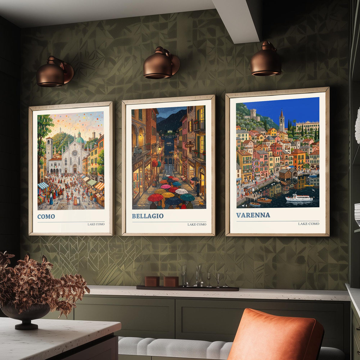 Lake Como Set of Three Art Prints - Como, Bellagio, Varenna - 3 Colourful Folk Illustration Travel Posters - Italian Painting