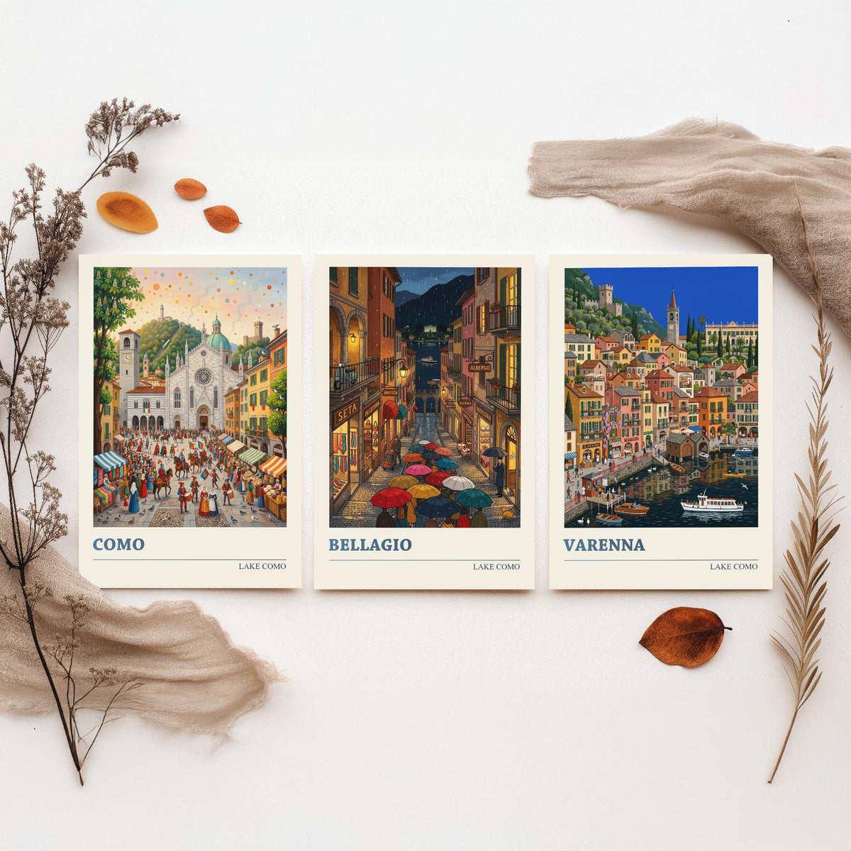 Lake Como Set of Three Art Prints - Como, Bellagio, Varenna - 3 Colourful Folk Illustration Travel Posters - Italian Painting