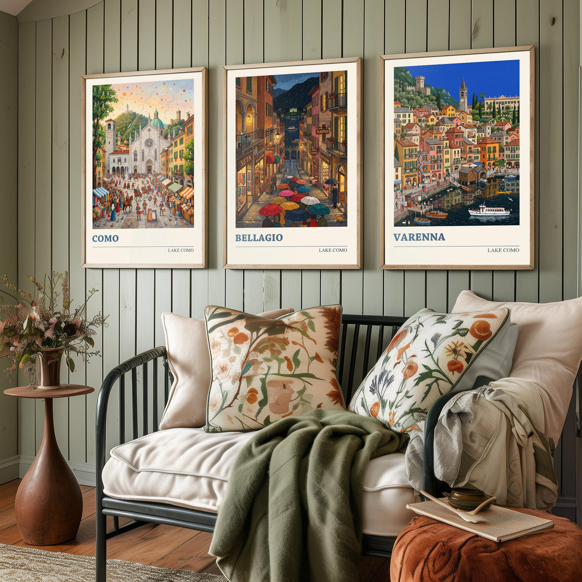 Lake Como Set of Three Art Prints - Como, Bellagio, Varenna - 3 Colourful Folk Illustration Travel Posters - Italian Painting