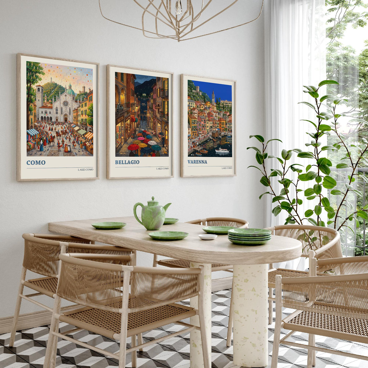Lake Como Set of Three Art Prints - Como, Bellagio, Varenna - 3 Colourful Folk Illustration Travel Posters - Italian Painting