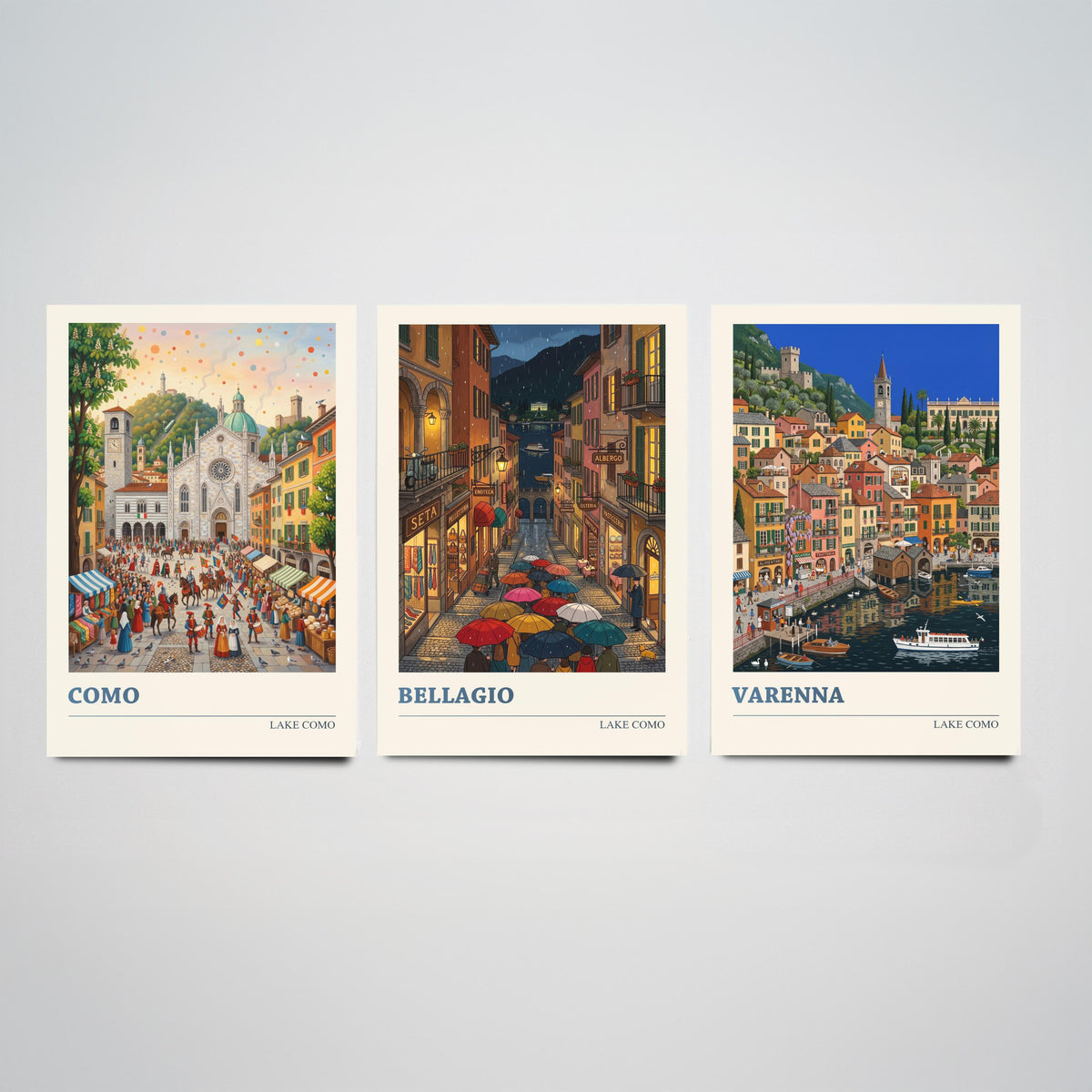 Lake Como Set of Three Art Prints - Como, Bellagio, Varenna - 3 Colourful Folk Illustration Travel Posters - Italian Painting