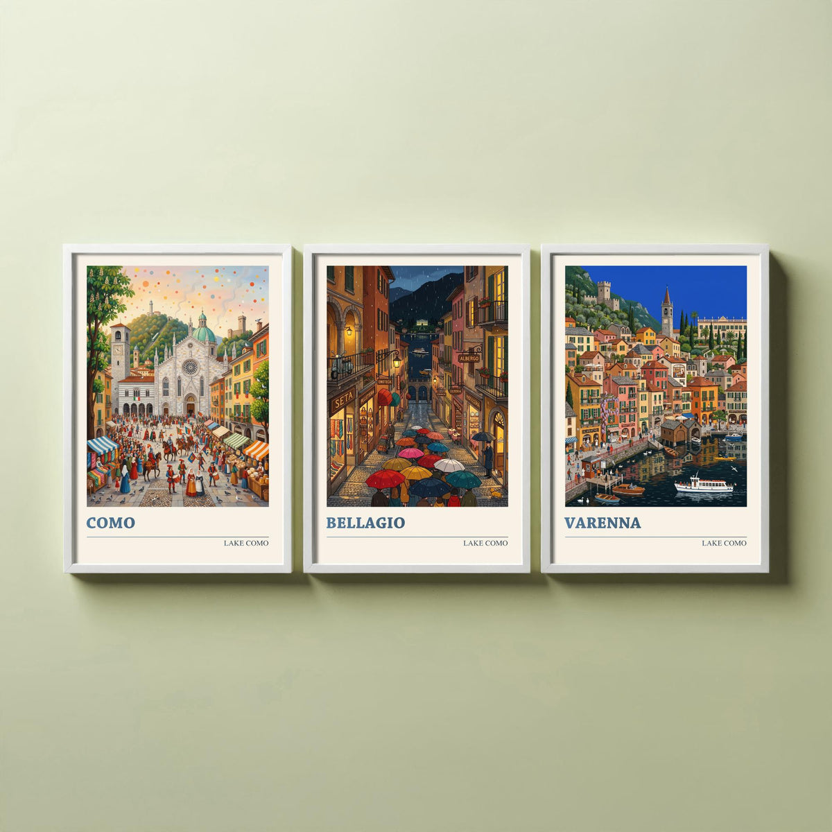 Lake Como Set of Three Art Prints - Como, Bellagio, Varenna - 3 Colourful Folk Illustration Travel Posters - Italian Painting