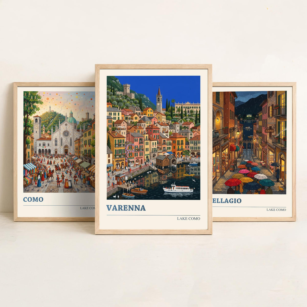 Lake Como Set of Three Art Prints - Como, Bellagio, Varenna - 3 Colourful Folk Illustration Travel Posters - Italian Painting