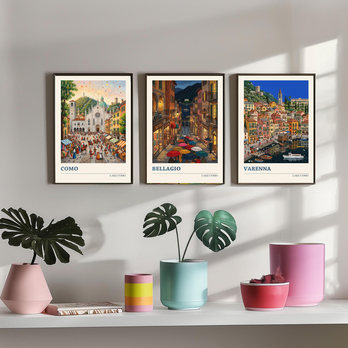 Lake Como Set of Three Art Prints - Como, Bellagio, Varenna - 3 Colourful Folk Illustration Travel Posters - Italian Painting