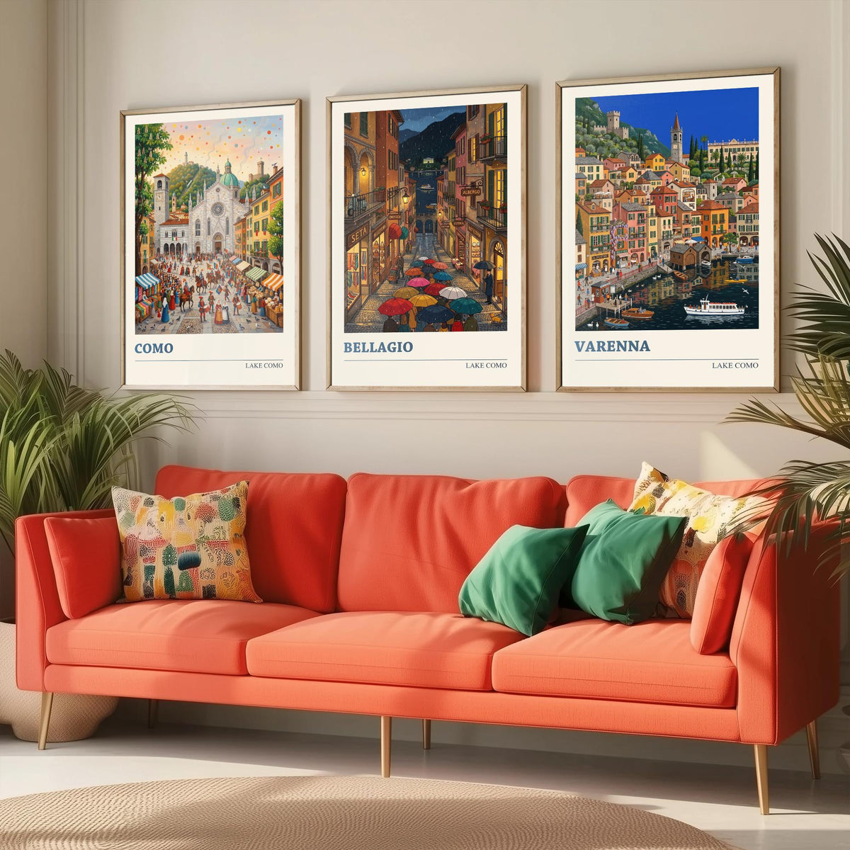 Lake Como Set of Three Art Prints - Como, Bellagio, Varenna - 3 Colourful Folk Illustration Travel Posters - Italian Painting