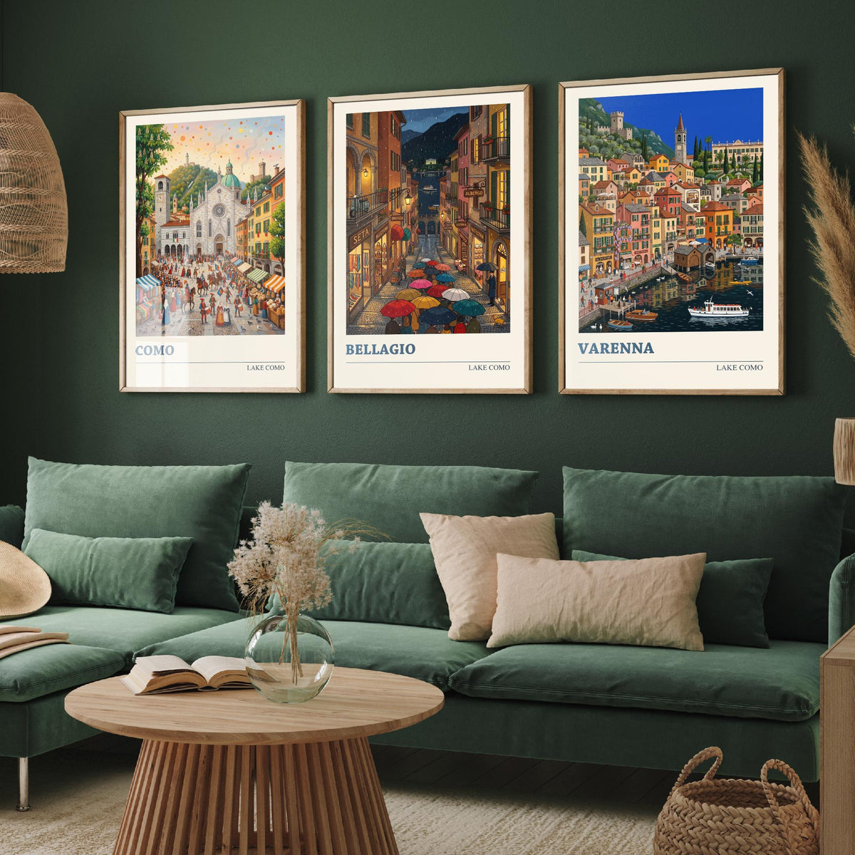 Lake Como Set of Three Art Prints - Como, Bellagio, Varenna - 3 Colourful Folk Illustration Travel Posters - Italian Painting